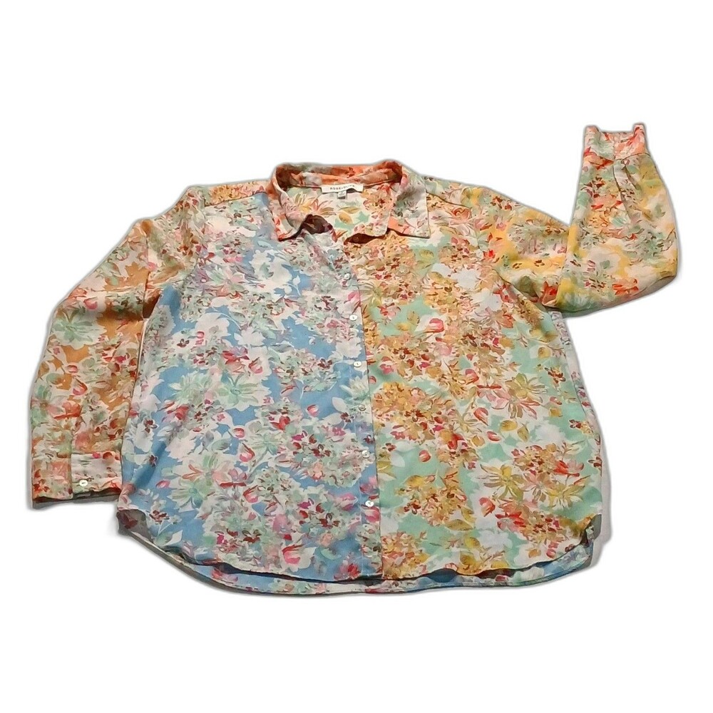 Rose + Olive Patchwork Mixed Floral Boho Button-Up Blouse Watercolor Top XL